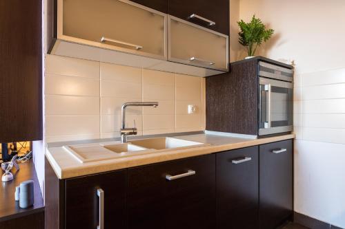 a kitchen with a sink and a microwave at Flexible SelfCheckIns 29 - Zagreb - Garage - Loggia - New - Apartments Repinc in Zagreb