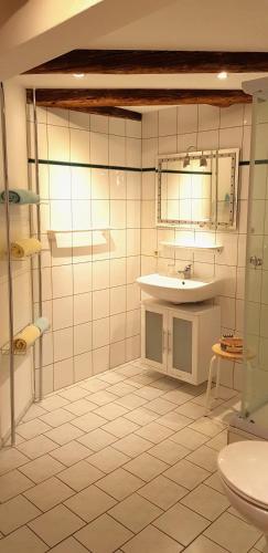 a bathroom with a sink and a toilet at Villa Hoffnung in Bad Elster