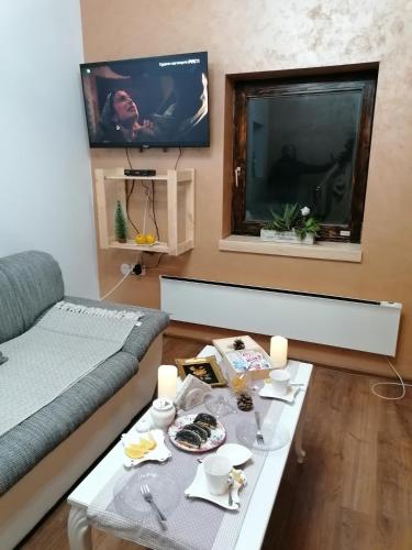 a living room with a tv and a coffee table at Vila Mila Fruška Gora in Velika Remeta
