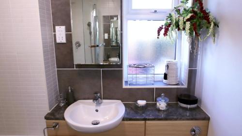 a bathroom with a sink and a mirror at FREE parking, Central Location,1 Bedroom Apartment near Tattersalls in Newmarket