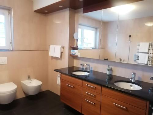 La salle de bains est pourvue de 2 lavabos, de toilettes et d'un miroir. dans l'établissement Cocoon am See, à Lochau