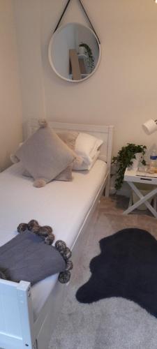 a bedroom with a bed with a mirror and a rug at Sunny-side-up in St Austell