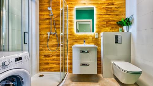 希维拉杜夫-兹德鲁伊Apartament Kwiatowy - 5D Apartamenty的带马桶、水槽和淋浴的浴室