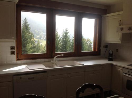 a kitchen with a sink and two windows with trees at Les Grangettes 2 - DUPLEX - WIFI gratuite in Les Carroz d'Araches