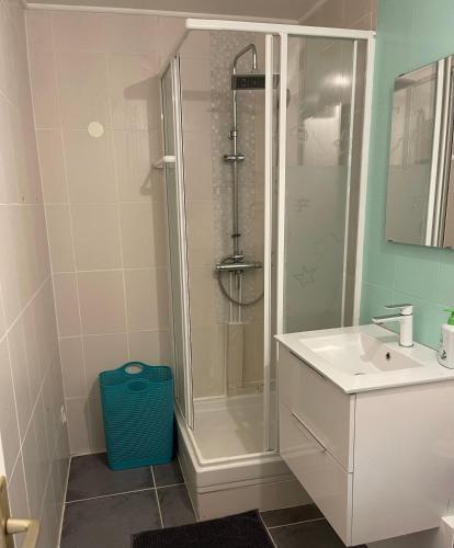 La salle de bains est pourvue d'une douche et d'un lavabo. dans l'établissement Appartement avec piscine proche bord de mer, à Cagnes-sur-Mer