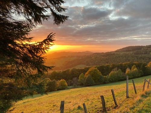 a fence in a field with the sunset in the background at Landhaus Schneeberg AusZeit am Küppel & Bright Collection in Gersfeld