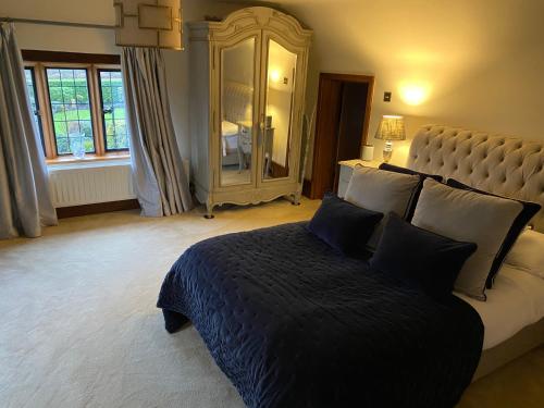 a bedroom with a large bed and a large mirror at Hood Lane Farm B&B in Arley