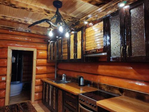 a kitchen in a log cabin with a sink and a stove at Шале Гірська Казка in Yaremche