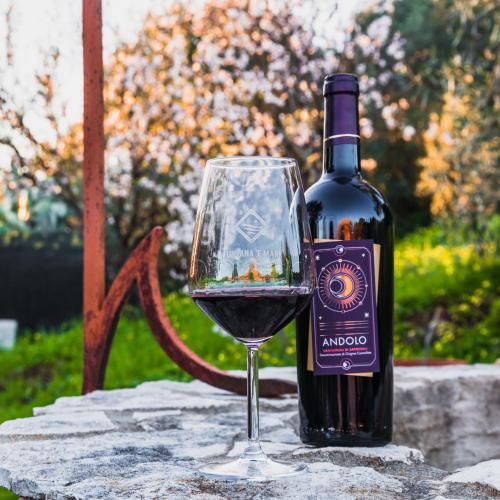 a bottle of red wine sitting next to a glass at Funtana'e Mari in Gonnesa