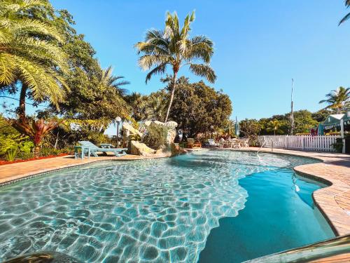 uma piscina com água azul e palmeiras em The Ocean View Inn em Islamorada