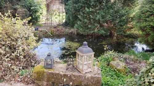 a lantern is sitting on a rock near a pond at GITE AU PETIT RUISSEAU-Etage et combles-maison alsacienne 4 personnes 4 nuitées minimum in Langensoultzbach