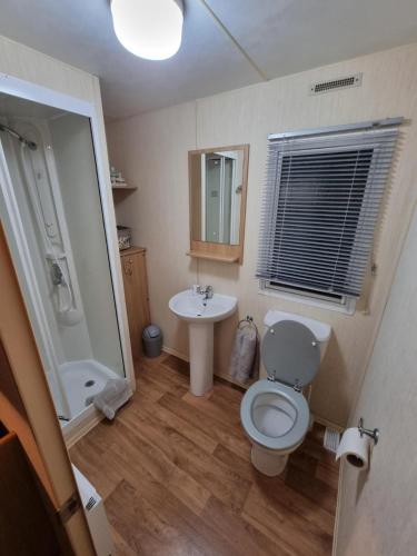 a bathroom with a toilet and a sink at Meadow Lakes 39 in Skegness