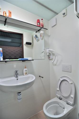 a bathroom with a toilet and a sink at Gypsy Waggon - A villa on wheels in Amsterdam