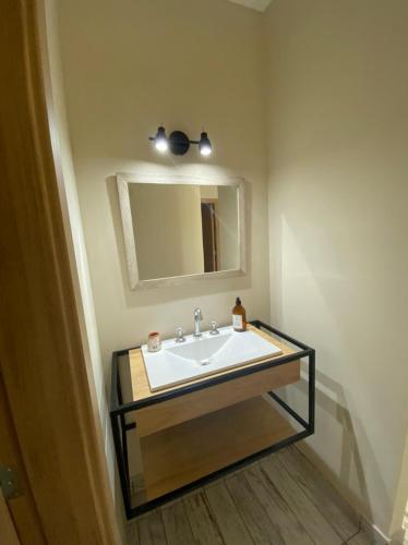 a bathroom with a sink and a mirror at Villa Portezuelo in Junín