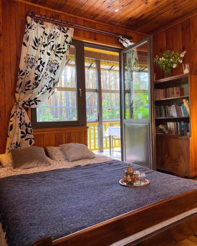 a bedroom with a bed with a blue blanket and a window at Leśny Czar in Serock