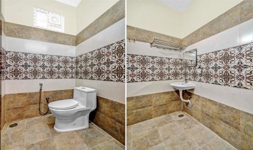 two pictures of a bathroom with a toilet and a sink at Treebo Sripadha Residency Alipiri Road in Tirupati