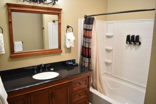 uma casa de banho com um lavatório, uma banheira e um espelho. em Silver Horseshoe Inn em Saint Anthony