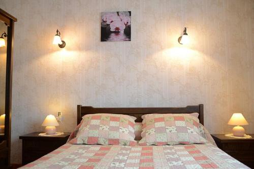 1 dormitorio con 1 cama con 2 lámparas en GITE A LA CAMPAGNE, en Bourogne