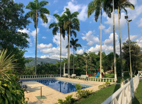 a swimming pool with palm trees and a playground at Tree House Finca La Floresta Verde in Rizaralda