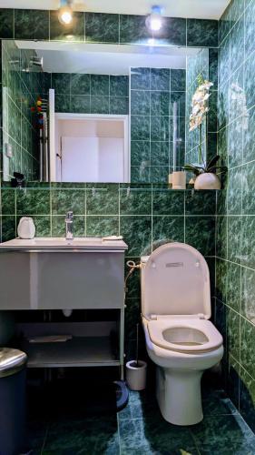 La salle de bains est pourvue de carrelage vert, de toilettes et d'un lavabo. dans l'établissement Saint Jean Cap Ferrat, à Saint-Jean-Cap-Ferrat
