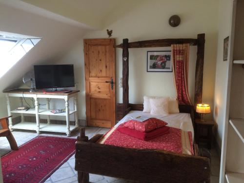 Schlafzimmer mit einem Bett, einem TV und einem Schreibtisch in der Unterkunft Domizil Hotel Düren "Kastanienhof" in Düren - Eifel
