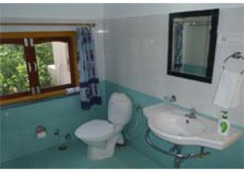 a bathroom with a toilet and a sink at Vatika Resort in Sawāi Mādhopur
