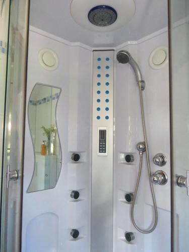 a bathroom with a shower with a glass door at ÖkoHausNamasté in Oberasbach