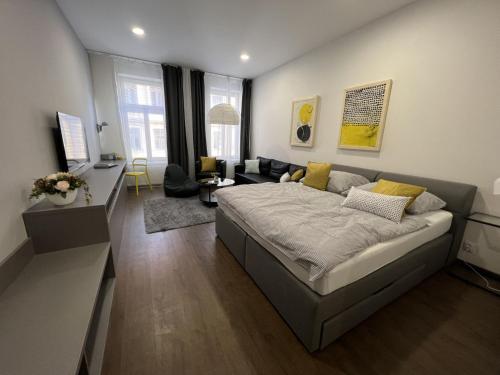 a bedroom with a bed and a living room at FLEXIHOME sk - Design City - top Location close city centre - big squared in Košice