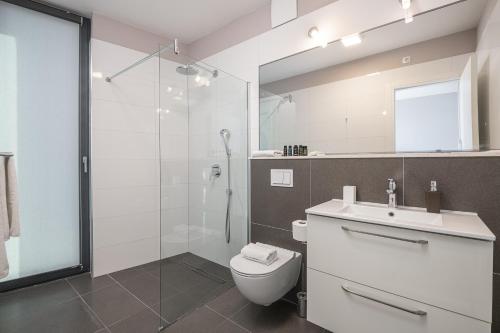 a bathroom with a toilet and a shower and a sink at Green Hill Penthouse apartment in Korčula