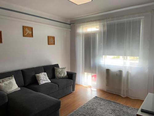 sala de estar con sofá y ventana en Pálma L. Százhalombatta en Százhalombatta