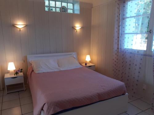 a bedroom with a bed with two tables and two lamps at Guéraçague Etcheverry Garaya in Saint-Jean-Pied-de-Port