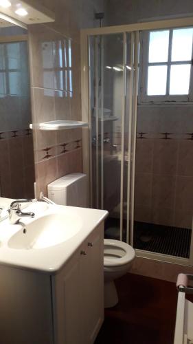 a bathroom with a toilet and a sink and a shower at Guéraçague Etcheverry Garaya in Saint-Jean-Pied-de-Port
