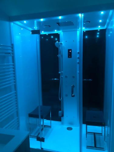 La salle de bains est pourvue d'une douche avec des lumières bleues. dans l'établissement LA CARTOUCHERIE, à Toulouse