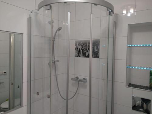 W łazience znajduje się prysznic ze szklanymi drzwiami. w obiekcie Apartament Ziemia Kłodzka w Kłodzku