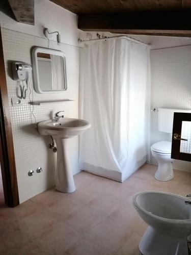 a bathroom with a sink and a toilet and a mirror at La Rocca dei Borboni in Santa Domenica Talao
