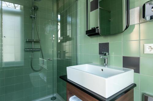 a bathroom with a sink and a glass shower at Alex Maastricht in Maastricht