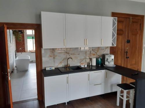 a kitchen with white cabinets and a sink at Kamienica Bydgoska in Bydgoszcz