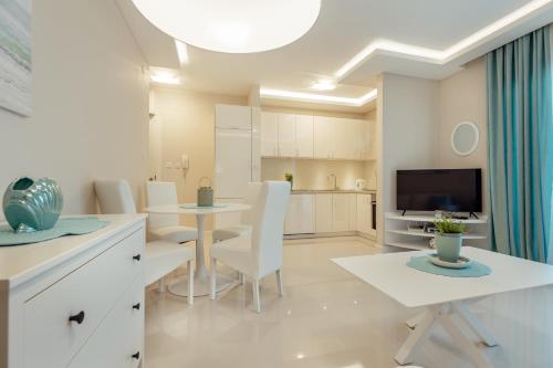 een keuken en een woonkamer met een tafel en stoelen bij Apartments Dabinovic in Kotor