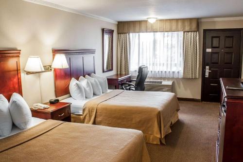 Habitación de hotel con 2 camas y escritorio en Quality Inn & Suites Fife Seattle en Fife