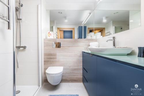 a bathroom with a white toilet and a sink at Jantar Apartamenty - SeaView SEASIDE in Kołobrzeg