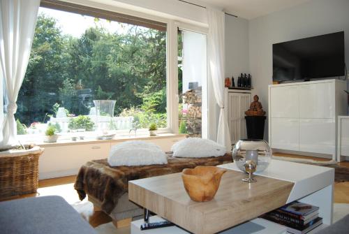 ein Wohnzimmer mit einem großen Fenster und einem Couchtisch in der Unterkunft Exklusive Villa am Wald mit Garten, Waldzugang und Sauna in Solingen