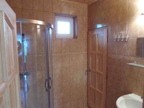 een badkamer met een douche en een wastafel bij NATURA Vendégházak in Demjén