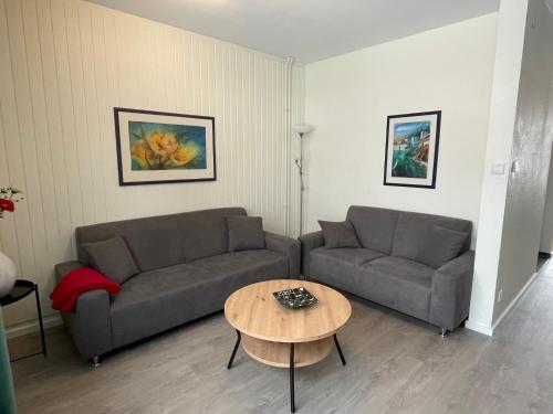 a living room with two couches and a coffee table at Ferienhaus Küstelnest in Medebach
