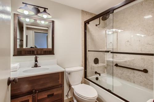a bathroom with a toilet and a sink and a shower at Mountain Green, Condos at Killington in Killington
