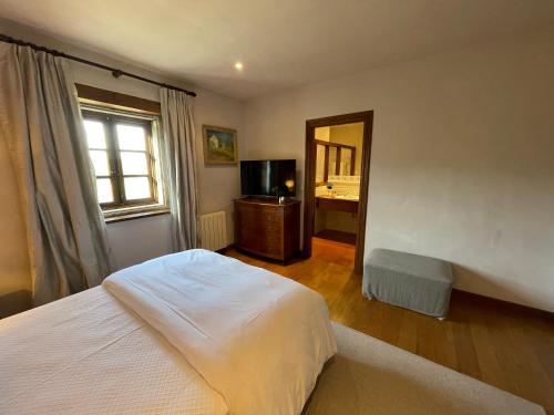 a bedroom with a bed and a television and a mirror at Rectoral de Cines in Oza dos Ríos
