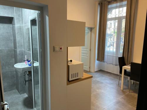 een badkamer met een douche en een wastafel bij The Central Post Apartments in Sofia