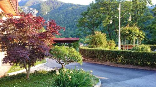 a garden with trees and bushes and a street at Apartment Sotočje in Dolenja Trebuša