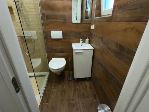 a bathroom with a toilet and a glass shower at Villa KRK-4 bedrooms, 4 bathrooms with heated pool and jacuzzi, 150m from the sea in Krk