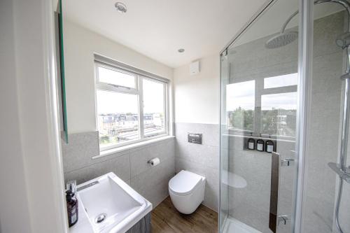 a bathroom with a toilet and a sink and a shower at Wimbledon Park Bed & Breakfast in London
