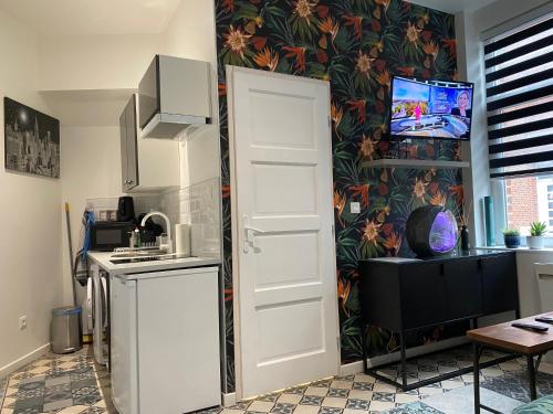 Il comprend une cuisine équipée d'un réfrigérateur et une télévision murale. dans l'établissement Le petit studio à découvrir..., à Marquette-lès-Lille